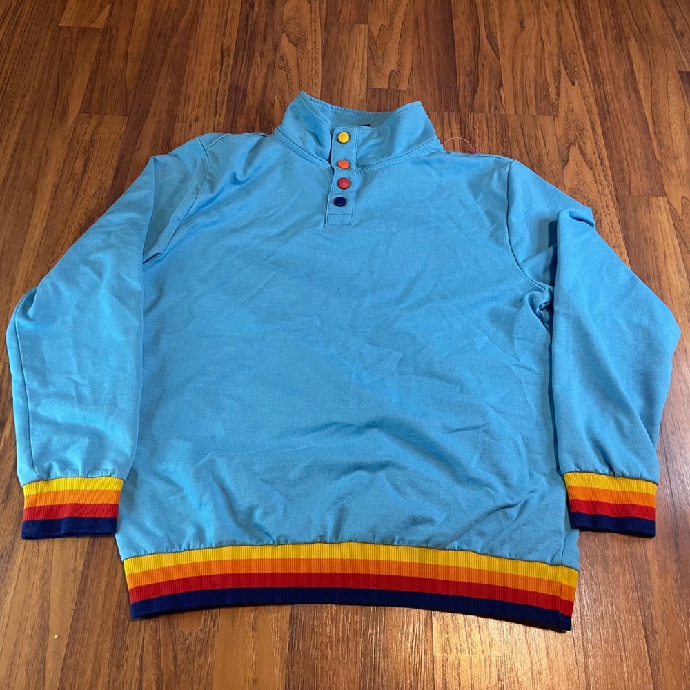Aldi Gear Pullover Sweatshirt Mens Medium Blue Rainbow Stripe Quarter Snap Retro